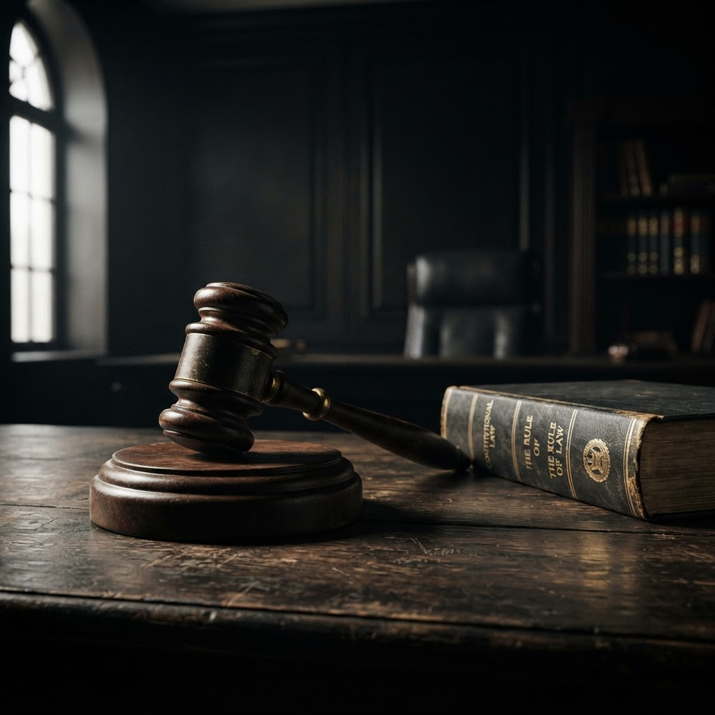 Judge's gavel on dark desk representing criminal defense