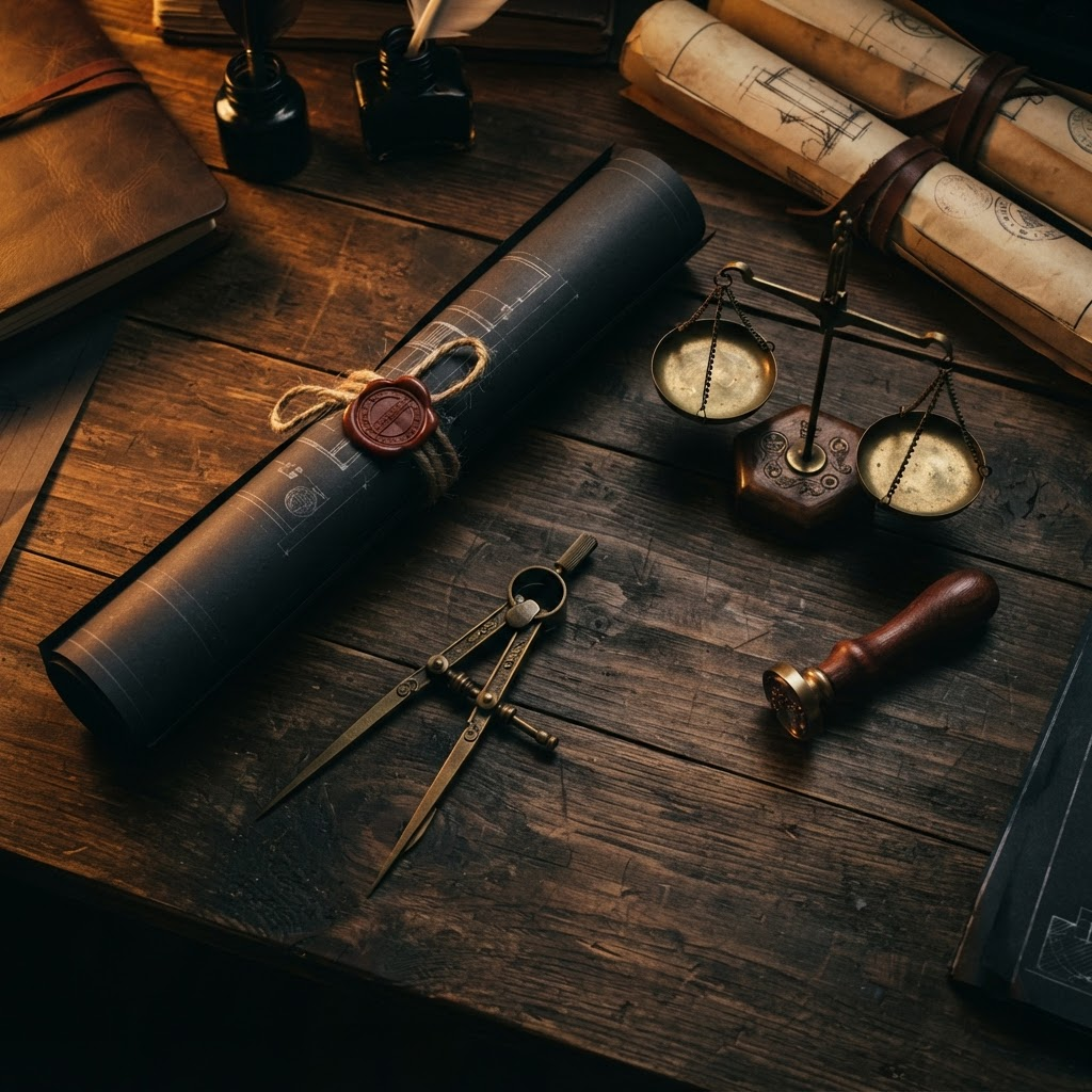 Property documents with brass compass representing real estate law